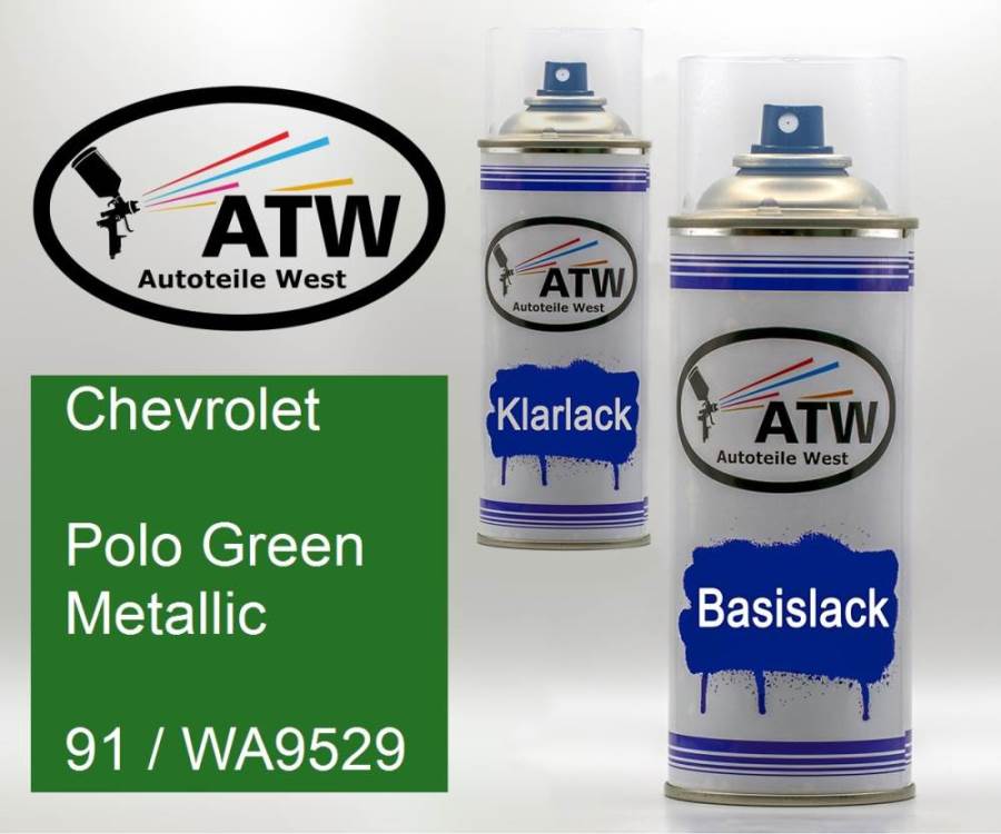Chevrolet, Polo Green Metallic, 91 / WA9529: 400ml Sprühdose + 400ml Klarlack - Set, von ATW Autoteile West.